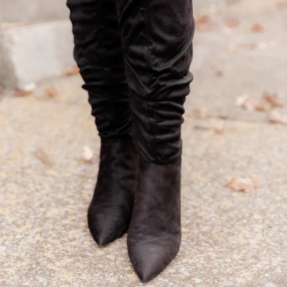 Pink Lily Suede Black Block Heel with Ruched Fabric Tall Boots Size 6.5 - Picture 2 of 10
